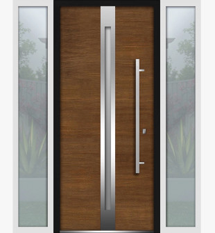 Front Exterior Prehung Steel Door / Deux 1744 Natural Oak / 2 Side Exterior White Windows / Stainless Inserts Single Modern Painted-W16+36+16" x H80"-Left-hand Inswing