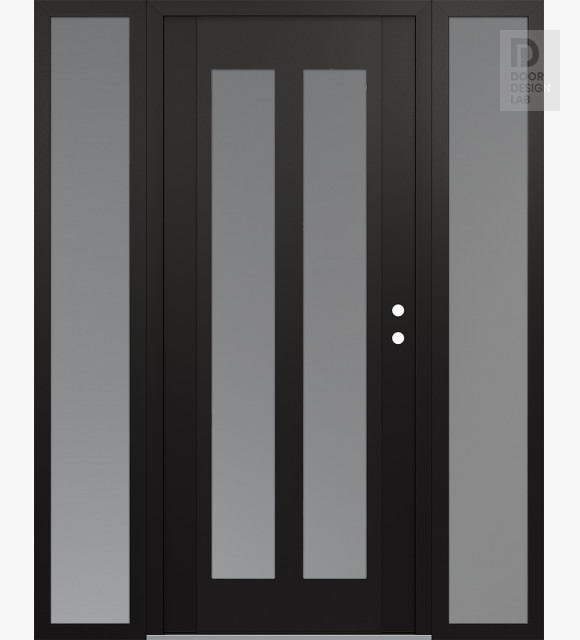 Modern Steel Front Door Diamond C14 64" x 80" black/white frosted Glass Panel black LHI with 2 Sidelites frosted Glass