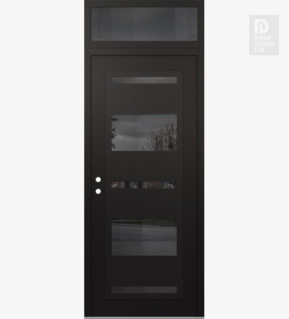 Modern Steel Front Door Diamond C10 36" x 96" black/black mirrored Glass Panel black RHI with Transom mirrored Glass