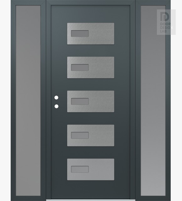 Modern Steel Front Door Diamond D7 64" x 80" anthracite/anthracite frosted Glass Panel stainless steel RHI with 2 Sidelites frosted Glass