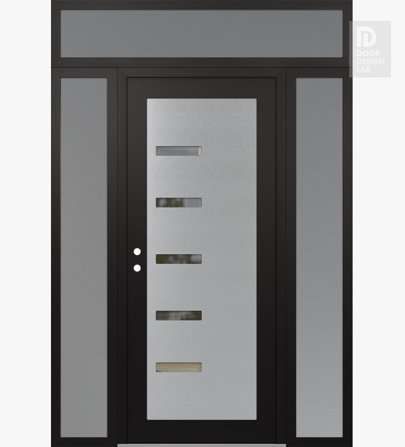 Modern Steel Front Door Diamond C8 68" x 96" black/black clear Glass Panel stainless steel RHI with 2 Sidelites and Transom frosted Glass