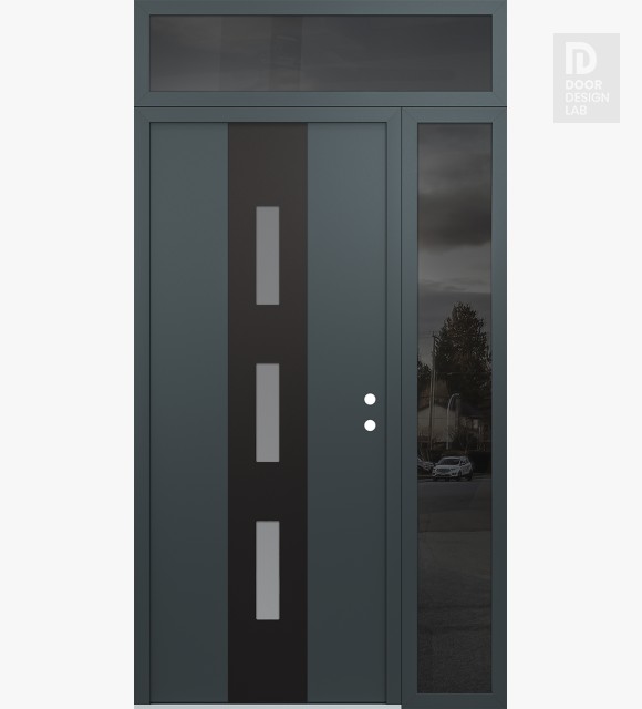 Modern Steel Front Door DIAMOND A7 48" X 96" ANTHRACITE/ANTHRACITE FROSTED GLASS PANEL BLACK LHI WITH SIDELITE AND TRANSOM MIRRORED GLASS