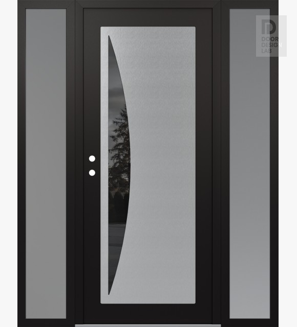 Modern Steel Front Door Diamond C13 64" x 80" black/black mirrored Glass Panel stainless steel RHI with 2 Sidelites frosted Glass
