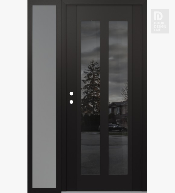 Modern Steel Front Door Diamond C14 48" x 80" black/black mirrored Glass Panel black RHI with Sidelite frosted Glass