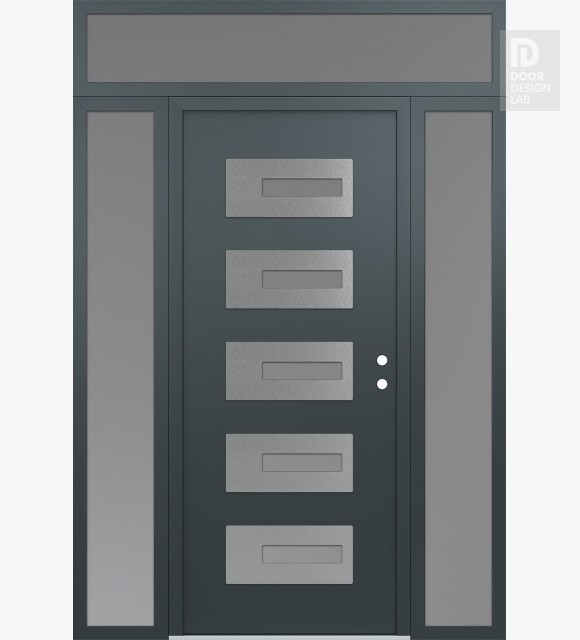 Modern Steel Front Door Diamond D6 60" x 96" anthracite/anthracite frosted Glass Panel stainless steel LHI with 2 Sidelites and Transom frosted Glass