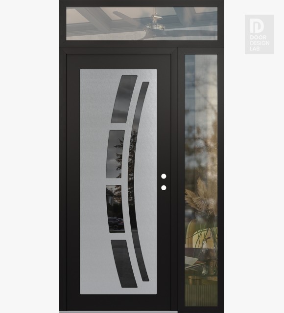 Modern Steel Front Door Diamond C12 52" x 96" black/black mirrored Glass Panel stainless steel LHI with Sidelite and Transom clear Glass