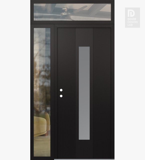Modern Steel Front Door DIAMOND A1 52" X 96" BLACK/WHITE FROSTED GLASS PANEL BLACK RHI WITH SIDELITE AND TRANSOM CLEAR GLASS