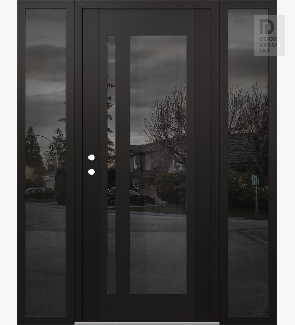 Modern Steel Front Door Diamond C15 68" x 80" black/black mirrored Glass Panel black RHI with 2 Sidelites mirrored Glass