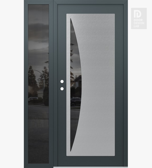 Modern Steel Front Door Diamond C13 52" x 80" anthracite/anthracite mirrored Glass Panel stainless steel RHI with Sidelite mirrored Glass
