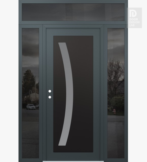 Modern Steel Front Door Diamond C4 68" x 96" anthracite/anthracite frosted Glass Panel black RHI with 2 Sidelites and Transom mirrored Glass