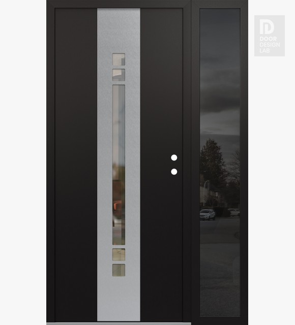 Modern Steel Front Door DIAMOND A4 52" X 80" BLACK/BLACK CLEAR GLASS PANEL STAINLESS STEEL LHI WITH SIDELITE MIRRORED GLASS