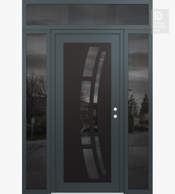 Modern Steel Front Door Diamond C12 64" x 96" anthracite/anthracite mirrored Glass Panel black LHI with 2 Sidelites and Transom mirrored Glass