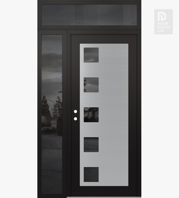Modern Steel Front Door Diamond C5 48" x 96" black/black mirrored Glass Panel stainless steel RHI with Sidelite and Transom mirrored Glass