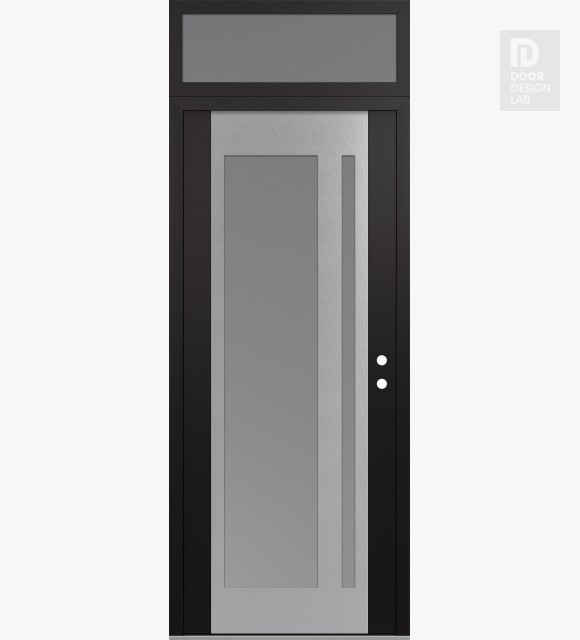 Modern Steel Front Door Diamond C15 36" x 96" black/white frosted Glass Panel stainless steel LHI with Transom frosted Glass