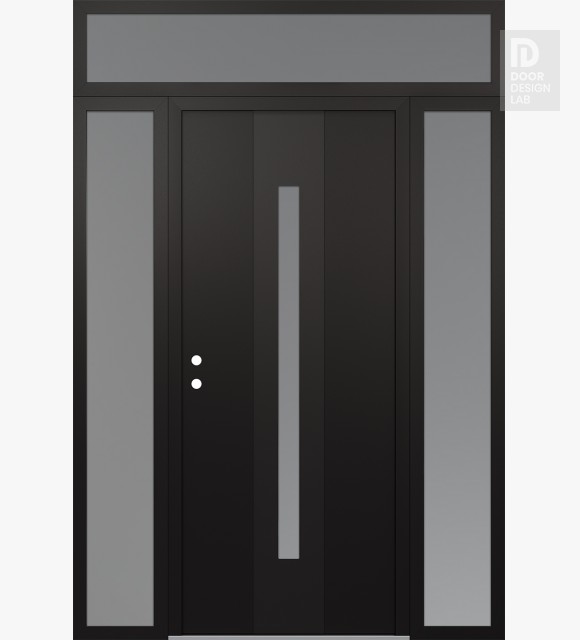 Modern Steel Front Door DIAMOND A2 64" X 96" BLACK/WHITE FROSTED GLASS PANEL BLACK RHI WITH 2 SIDELITES AND TRANSOM FROSTED GLASS