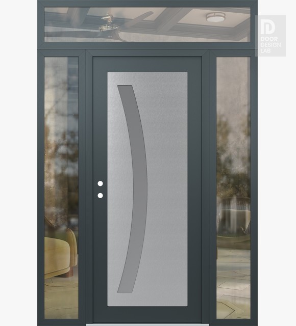 Modern Steel Front Door Diamond C4 60" x 96" anthracite/anthracite frosted Glass Panel stainless steel RHI with 2 Sidelites and Transom clear Glass