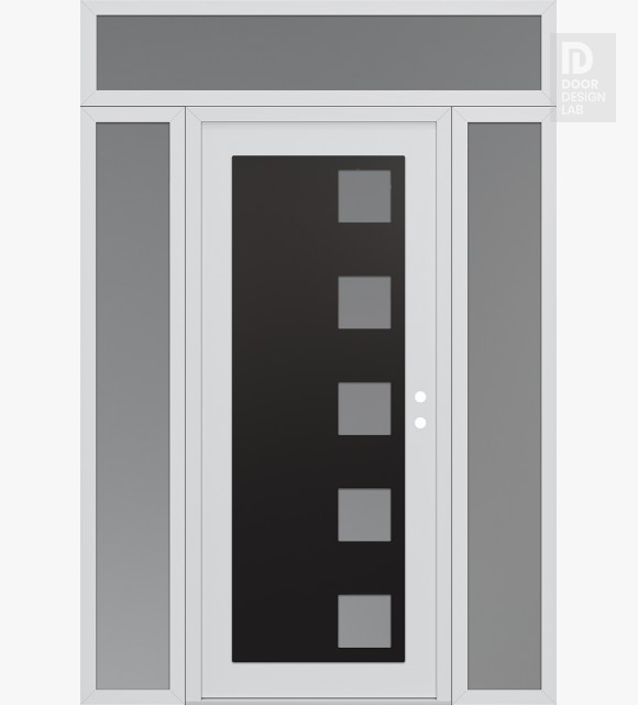 Modern Steel Front Door Diamond C5 64" x 96" white/white frosted Glass Panel black LHI with 2 Sidelites and Transom frosted Glass