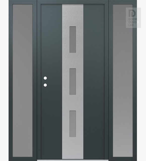 Modern Steel Front Door DIAMOND A7 68" X 80" ANTHRACITE/ANTHRACITE FROSTED GLASS PANEL STAINLESS STEEL RHI WITH 2 SIDELITES FROSTED GLASS
