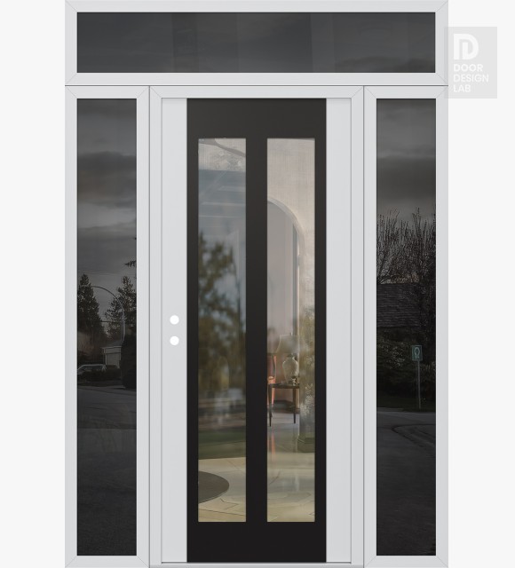Modern Steel Front Door Diamond C14 68" x 96" white/white clear Glass Panel black RHI with 2 Sidelites and Transom mirrored Glass