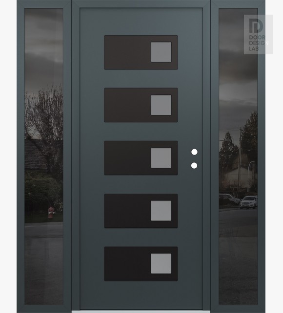 Modern Steel Front Door Diamond D2 64" x 80" anthracite/anthracite frosted Glass Panel black LHI with 2 Sidelites mirrored Glass