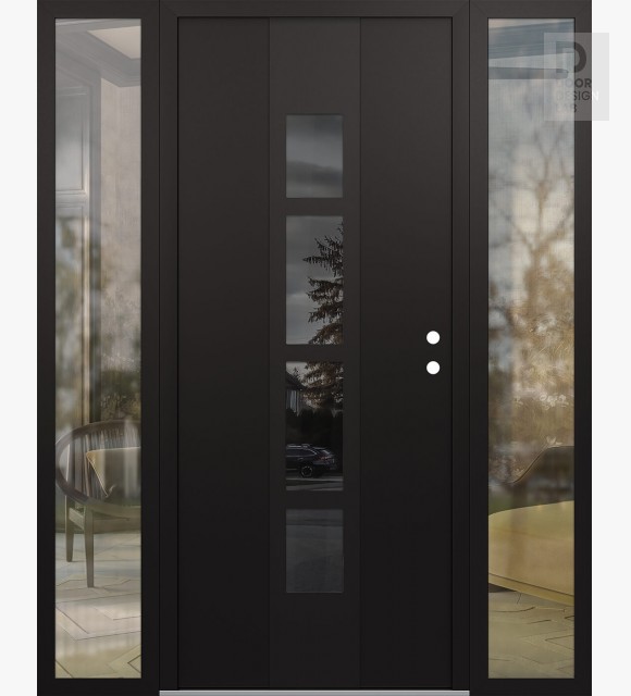 Modern Steel Front Door DIAMOND A10 60" X 80" BLACK/BLACK MIRRORED GLASS PANEL BLACK LHI WITH 2 SIDELITES CLEAR GLASS