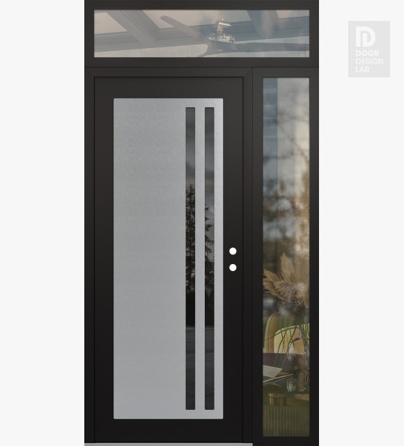 Modern Steel Front Door Diamond C6 50" x 96" black/black mirrored Glass Panel stainless steel LHI with Sidelite and Transom clear Glass