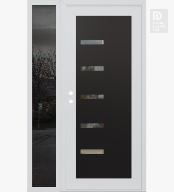 Modern Steel Front Door Diamond C8 50" x 80" white/white clear Glass Panel black RHI with Sidelite mirrored Glass