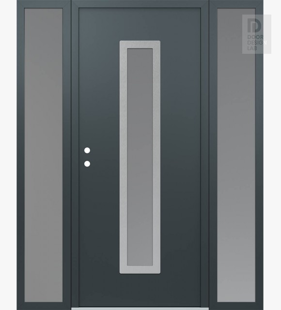 Modern Steel Front Door DIAMOND A11 60" X 80" ANTHRACITE/ANTHRACITE FROSTED GLASS PANEL STAINLESS STEEL RHI WITH 2 SIDELITES FROSTED GLASS