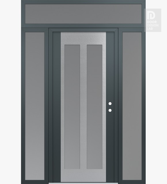 Modern Steel Front Door Diamond C14 64" x 96" anthracite/anthracite frosted Glass Panel stainless steel LHI with 2 Sidelites and Transom frosted Glass