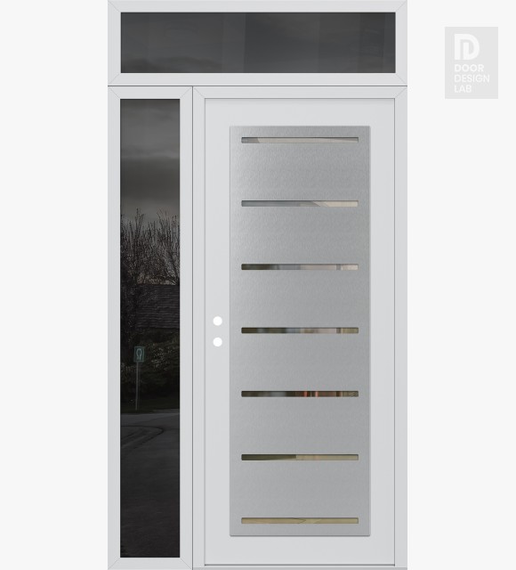Modern Steel Front Door Diamond C11 52" x 96" white/white clear Glass Panel stainless steel RHI with Sidelite and Transom mirrored Glass