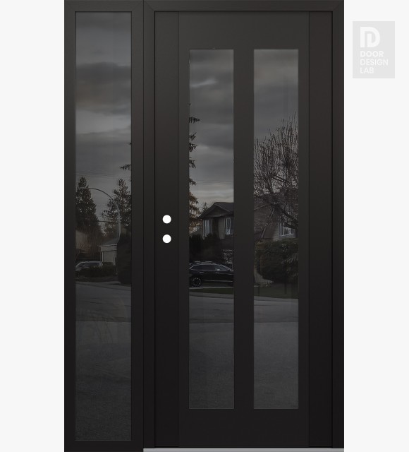 Modern Steel Front Door Diamond C14 52" x 80" black/black mirrored Glass Panel black RHI with Sidelite mirrored Glass