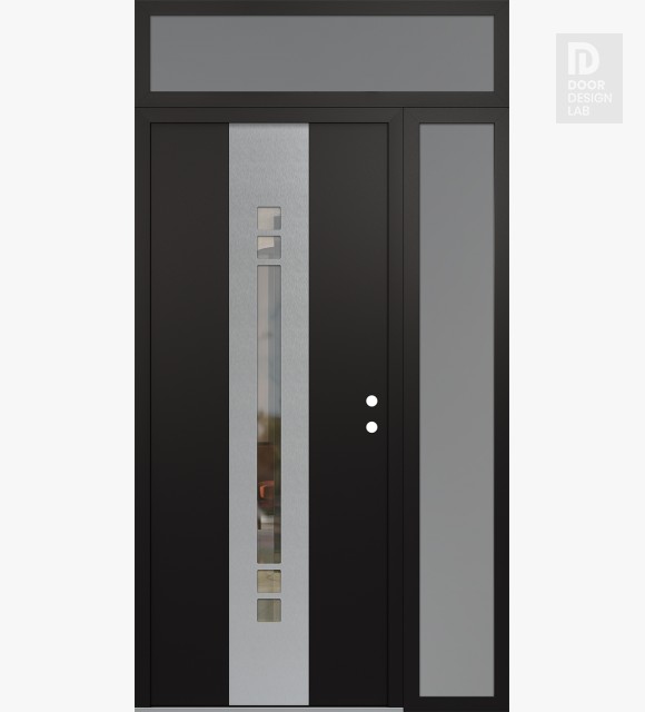 Modern Steel Front Door DIAMOND A4 52" X 96" BLACK/BLACK CLEAR GLASS PANEL STAINLESS STEEL LHI WITH SIDELITE AND TRANSOM FROSTED GLASS