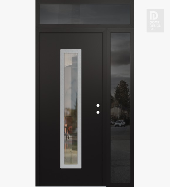 Modern Steel Front Door DIAMOND A11 48" X 96" BLACK/BLACK CLEAR GLASS PANEL STAINLESS STEEL LHI WITH SIDELITE AND TRANSOM MIRRORED GLASS