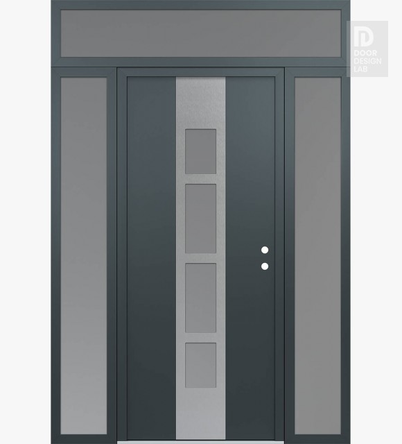 Modern Steel Front Door DIAMOND A10 68" X 96" ANTHRACITE/ANTHRACITE FROSTED GLASS PANEL STAINLESS STEEL LHI WITH 2 SIDELITES AND TRANSOM FROSTED GLASS