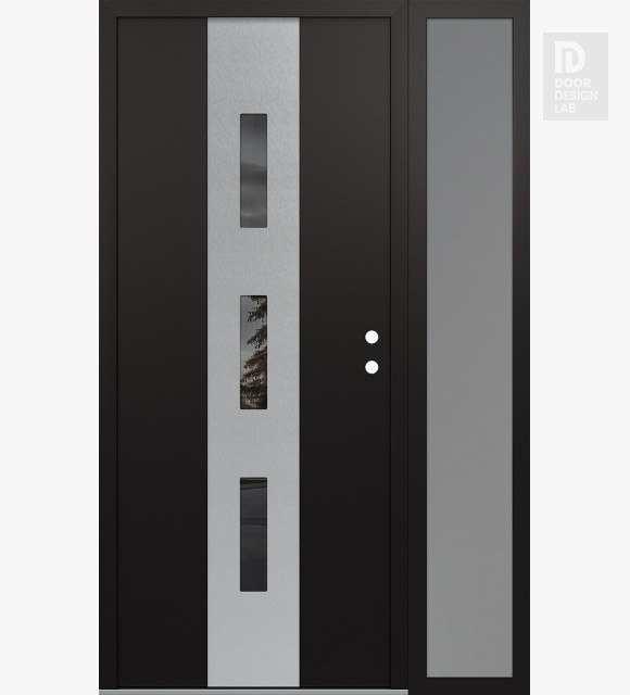 Modern Steel Front Door DIAMOND A7 48" X 80" BLACK/BLACK MIRRORED GLASS PANEL STAINLESS STEEL LHI WITH SIDELITE FROSTED GLASS