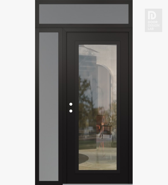 Modern Steel Front Door Diamond C1 50" x 96" black/black clear Glass Panel black RHI with Sidelite and Transom frosted Glass