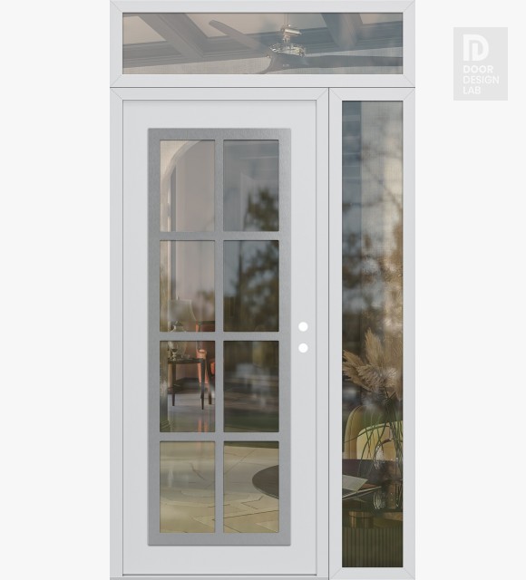 Modern Steel Front Door Diamond C16 52" x 96" white/white clear Glass Panel stainless steel LHI with Sidelite and Transom clear Glass
