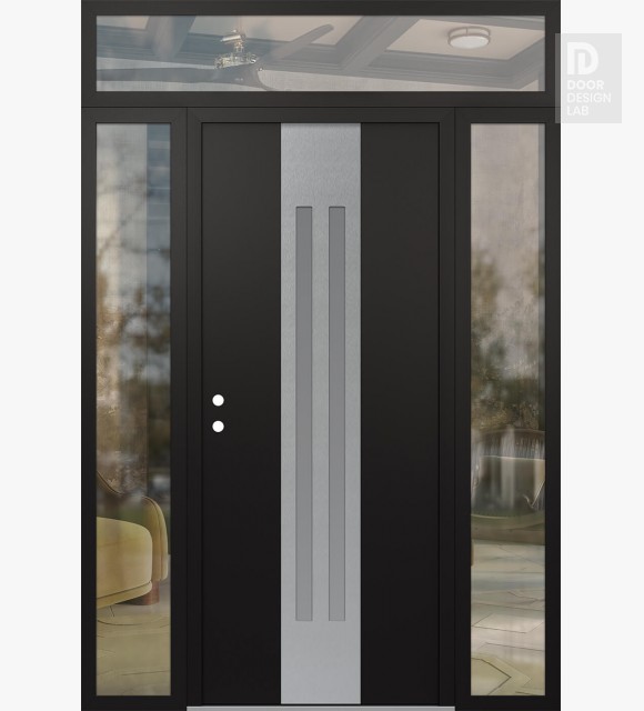 Modern Steel Front Door DIAMOND A8 64" X 96" BLACK/WHITE FROSTED GLASS PANEL STAINLESS STEEL RHI WITH 2 SIDELITES AND TRANSOM CLEAR GLASS