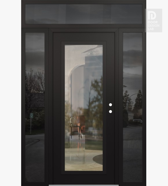 Modern Steel Front Door Diamond C1 68" x 96" black/black clear Glass Panel black LHI with 2 Sidelites and Transom mirrored Glass