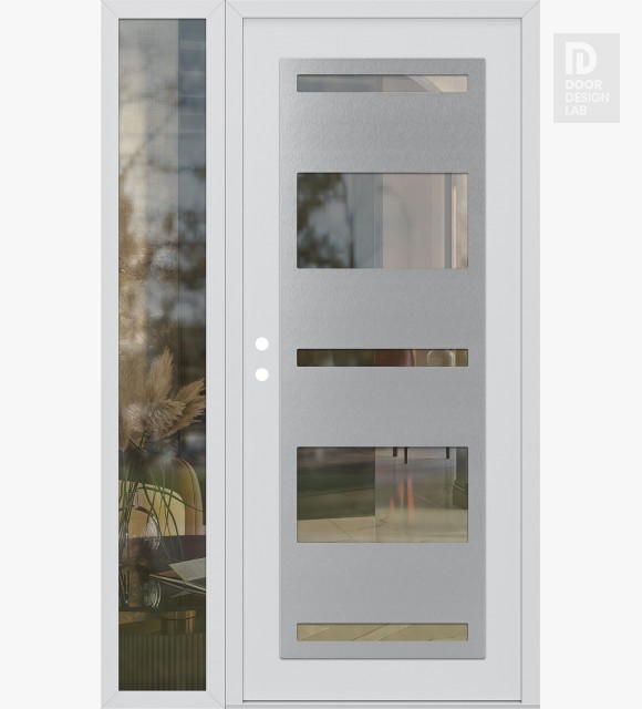 Modern Steel Front Door Diamond C10 48" x 80" white/white clear Glass Panel stainless steel RHI with Sidelite clear Glass