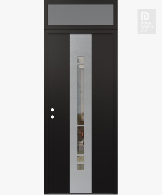 Modern Steel Front Door DIAMOND A3 36" X 96" BLACK/BLACK CLEAR GLASS PANEL STAINLESS STEEL RHI WITH TRANSOM FROSTED GLASS