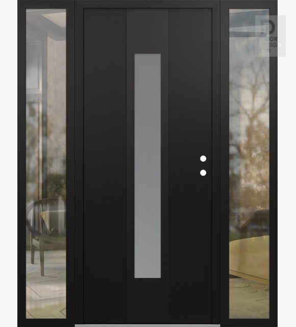 Modern Steel Front Door DIAMOND A1 60" X 80" BLACK/WHITE FROSTED GLASS PANEL BLACK LHI WITH 2 SIDELITES CLEAR GLASS