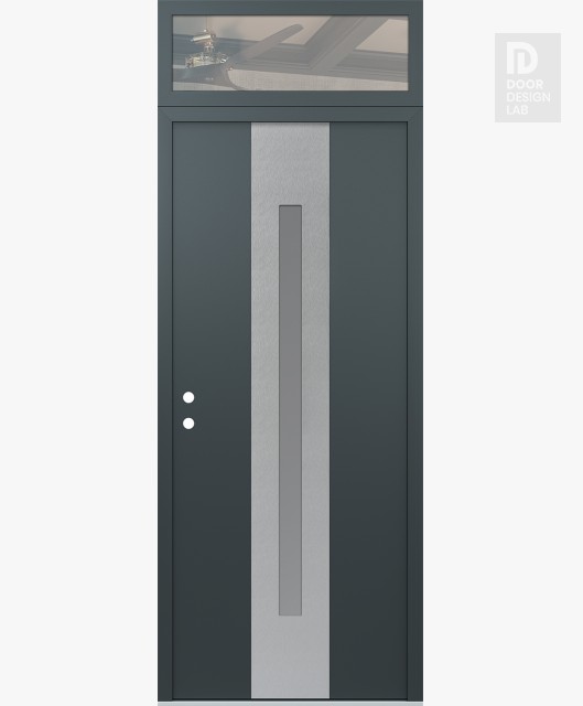 Modern Steel Front Door DIAMOND A2 36" X 96" ANTHRACITE/ANTHRACITE FROSTED GLASS PANEL STAINLESS STEEL RHI WITH TRANSOM CLEAR GLASS
