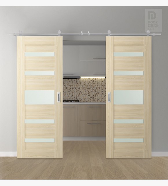 DOUBLE BARN DOOR AVON 07-05 VETRO LOIRE ASH 56" X 80" X 1 3/4" STAINLESS STEEL HARDWARE