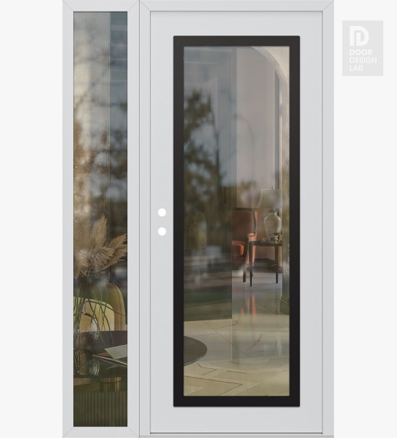 Modern Steel Front Door Diamond C1 50" x 80" white/white clear Glass Panel black RHI with Sidelite clear Glass