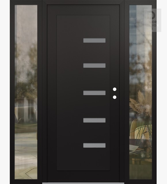 Modern Steel Front Door Diamond C8 64" x 80" black/white frosted Glass Panel black LHI with 2 Sidelites clear Glass