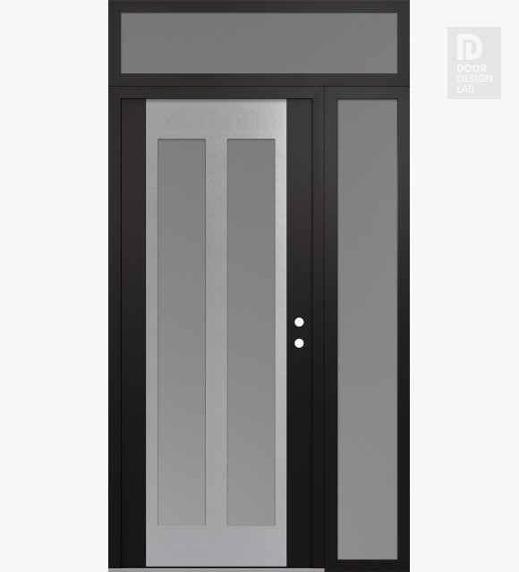 Modern Steel Front Door Diamond C14 48" x 96" black/white frosted Glass Panel stainless steel LHI with Sidelite and Transom frosted Glass