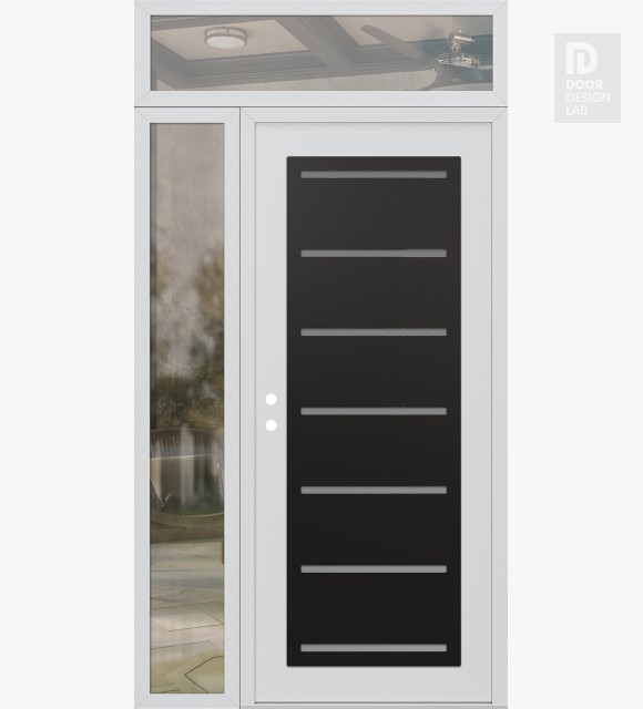 Modern Steel Front Door Diamond C11 48" x 96" white/white frosted Glass Panel black RHI with Sidelite and Transom clear Glass