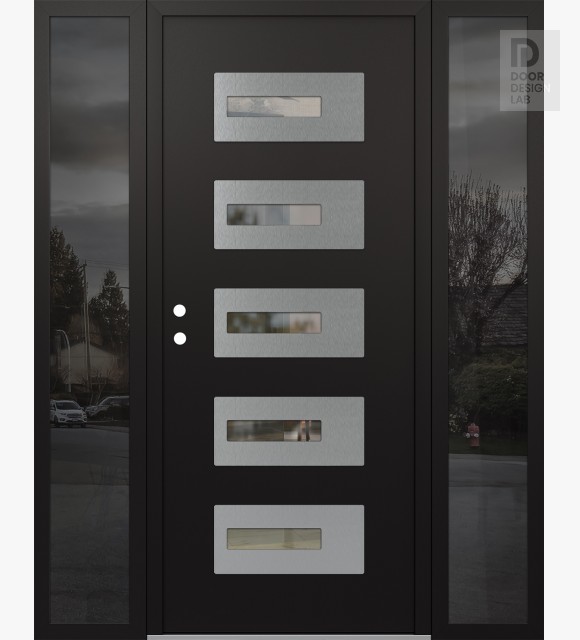 Modern Steel Front Door Diamond D6 68" x 80" black/black clear Glass Panel stainless steel RHI with 2 Sidelites mirrored Glass