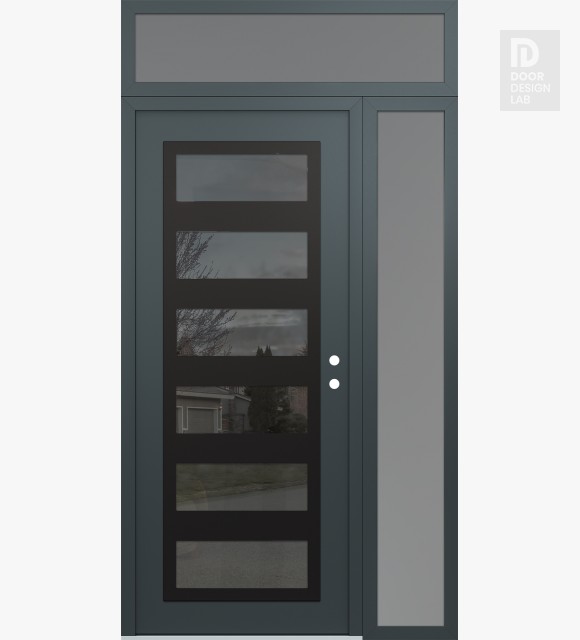 Modern Steel Front Door Diamond C9 52" x 96" anthracite/anthracite mirrored Glass Panel black LHI with Sidelite and Transom frosted Glass
